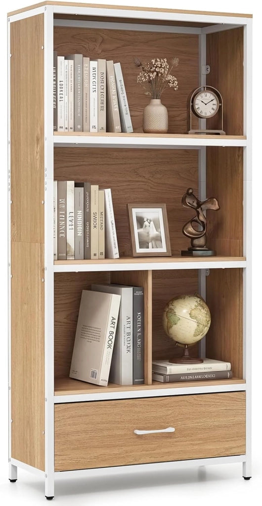 Libreria Scaffale a 3 Livelli, Mobile Alto con 4 Scomparti 1 Cassetto in Tessuto Pieghevole e 2 Dispositivi Antiribaltamento, per Studio e Ufficio, 68x30,5x151,5 cm (Marrone)