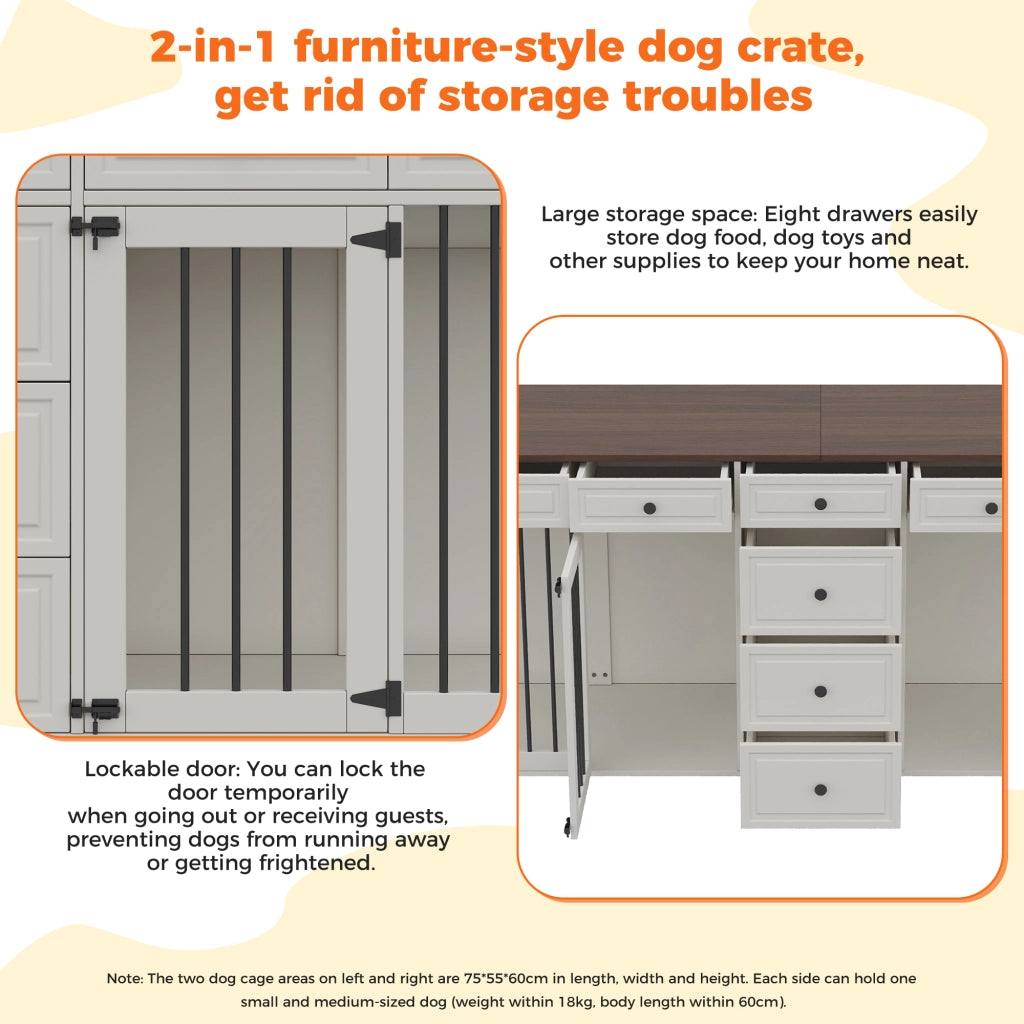 Scaffale per due cani da interno con 8 cassetti e chiusure di sicurezza in MDF e metallo bianco 200 × 60 × 85 cm