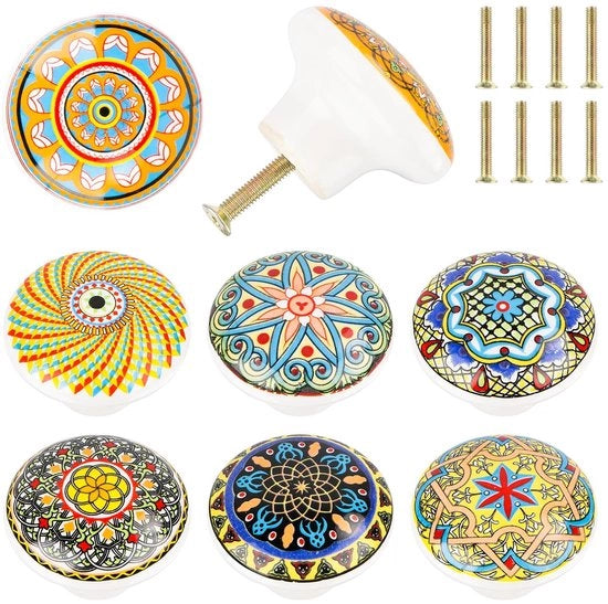 Maniglie da porta in ceramica bohemien a 39 mm - 8 pezzi - Design a mano - Maniglie rotonde - Maniglie per porta con manico