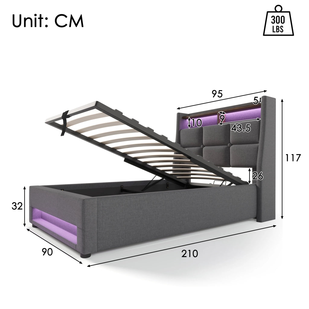 LETTO Imbottito 90x200 cm con USB e LED, tessuto lino grigio