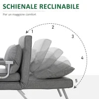 Poltrona Letto Singola con Schienale Regolabile su 5 Livelli e Cuscino, in Tessuto, Grigio Chiaro
