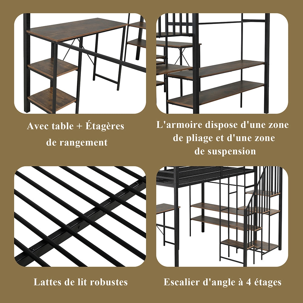 Letto a Castello in Ferro – Xylo – 120x200cm, Scala Angolare con Ripostiglio, Tavolo, Scaffale, Armadio Aperto, Nero/Legno