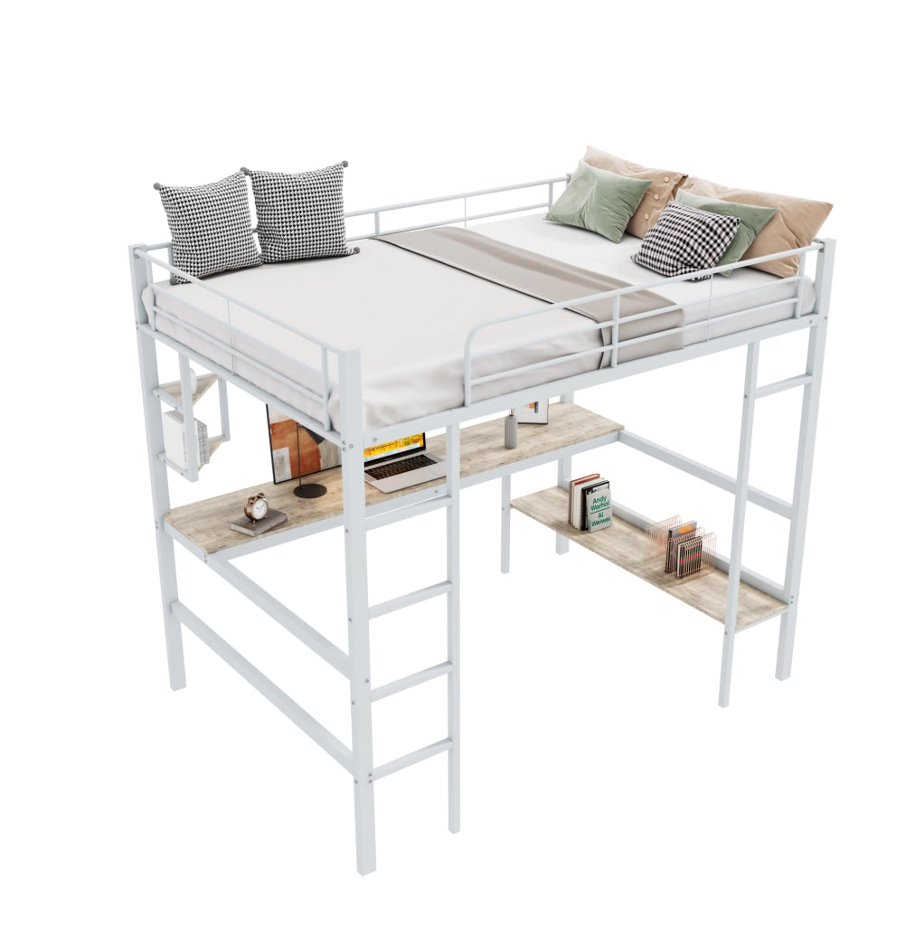 Hochbett 90x200 cm con scrivania; 4 ripiani e libreria; metallo bianco