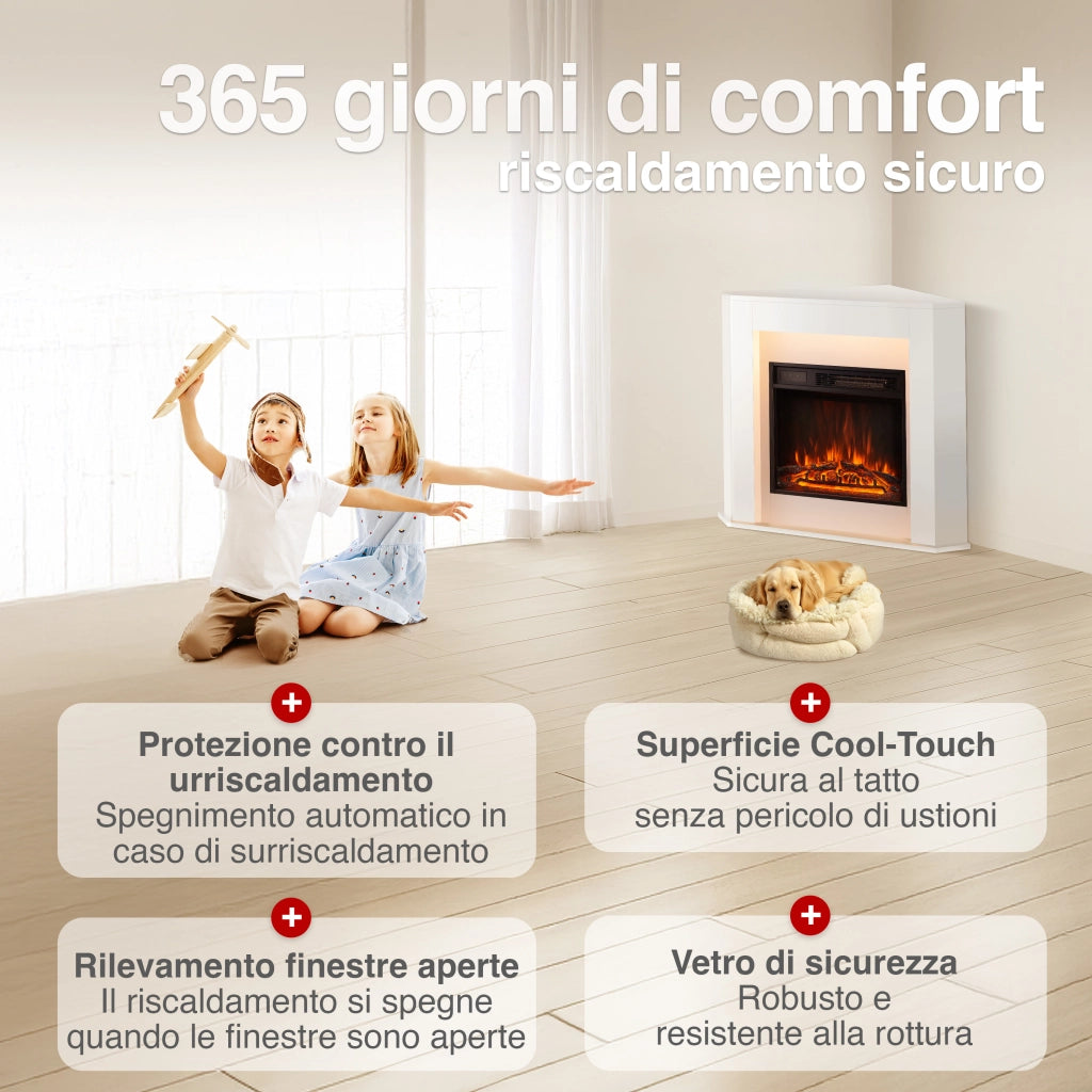 KAMINIO Camino elettrico MATTI - Caminetto ad angolo con riscaldamento, effetto fiamma 3D, luce ambiente a LED, telecomando - Angolo, Bianco