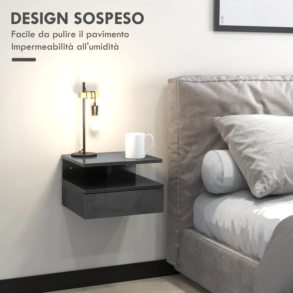 Comodino Sospeso Moderno ¨C Xylo ¨C Nero Lucido con Cassetto e Mensola 35x32x22.5cm