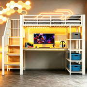 Letto a soppalco 90x200 cm con scala contenitore; LED e prese in metallo e legno bianco