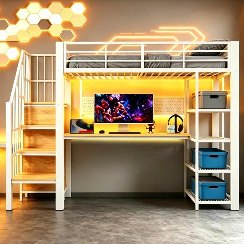 Letto a soppalco 90x200 cm con scala contenitore; LED e prese in metallo e legno bianco