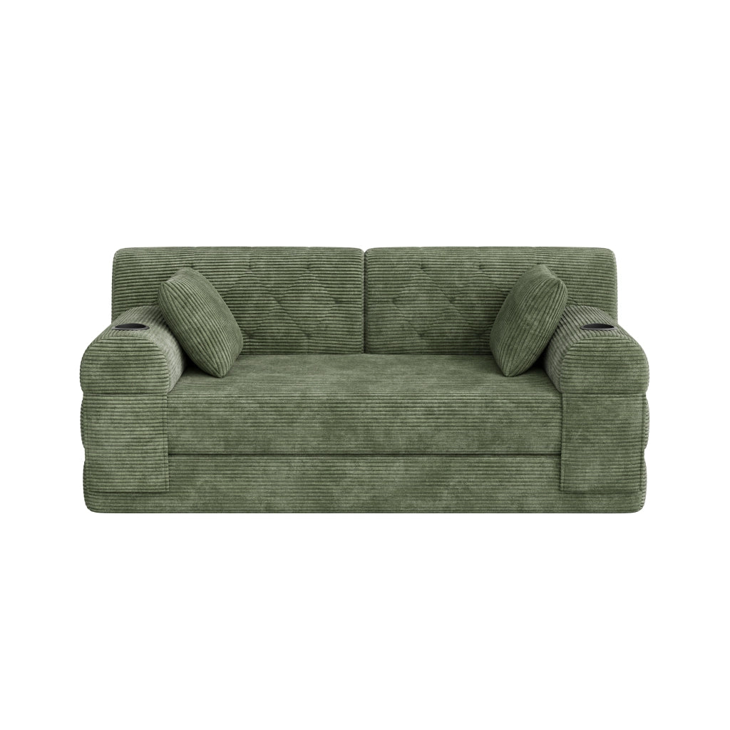 Divano letto 2 posti in corduroy verde con schienale alto, tasche laterali e portabicchieri