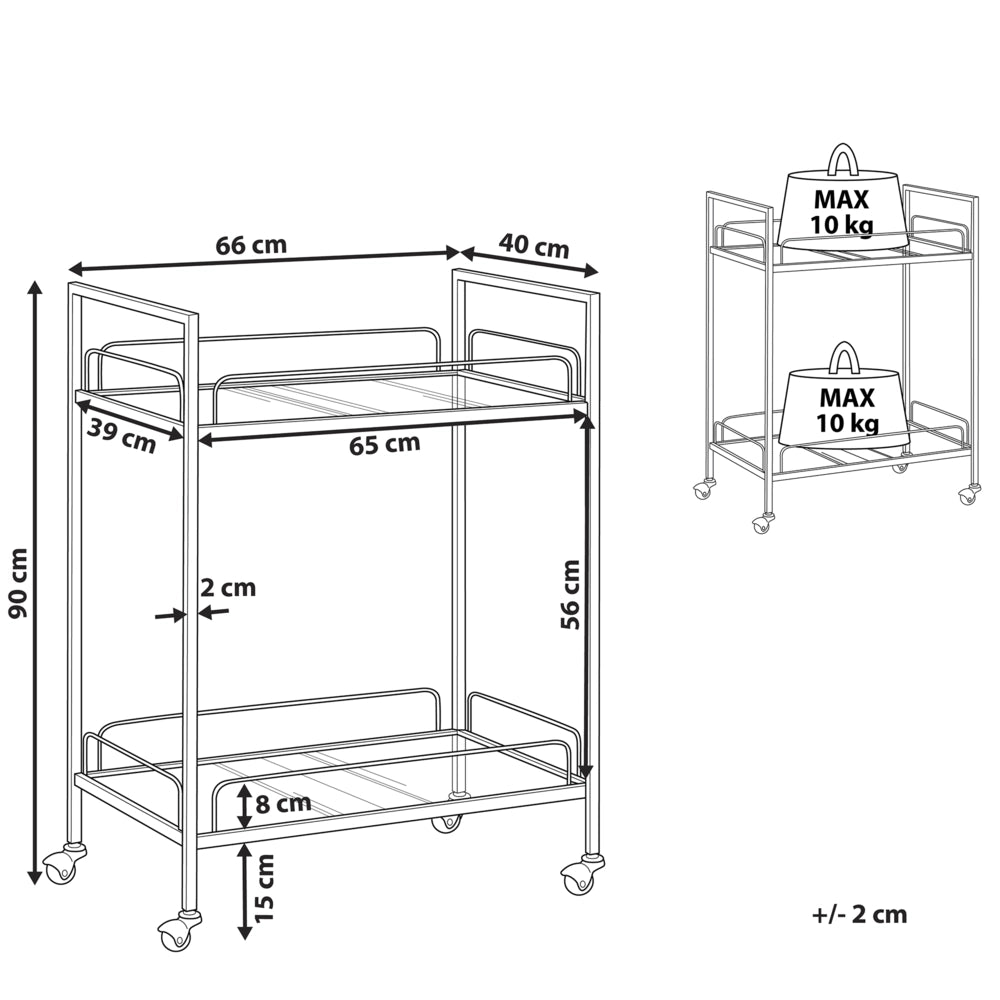 Carrello Cucina Gambe in Metallo dorato Piano in Vetro Temperato con Ripiano e Ruote Glam