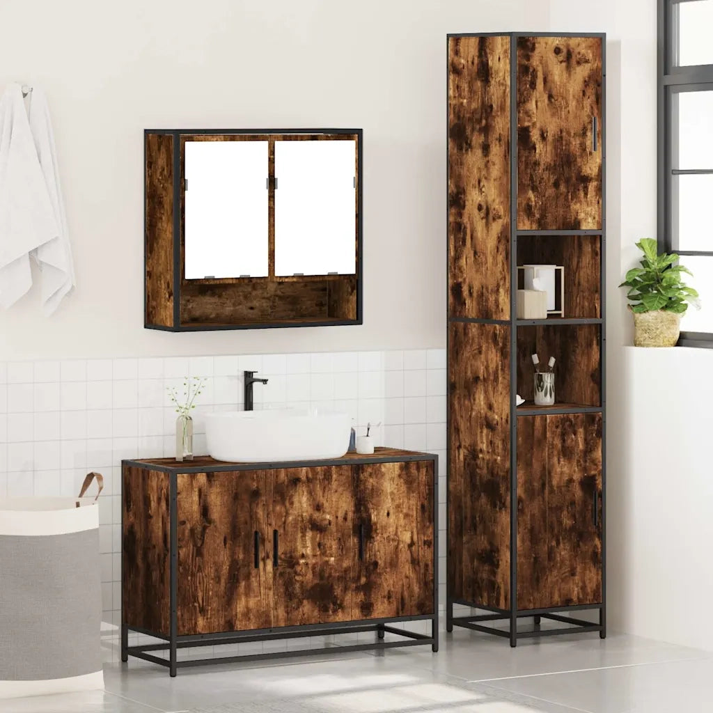Set Mobili da Bagno 3 pz Rovere Fumo in Legno Multistrato 3301102