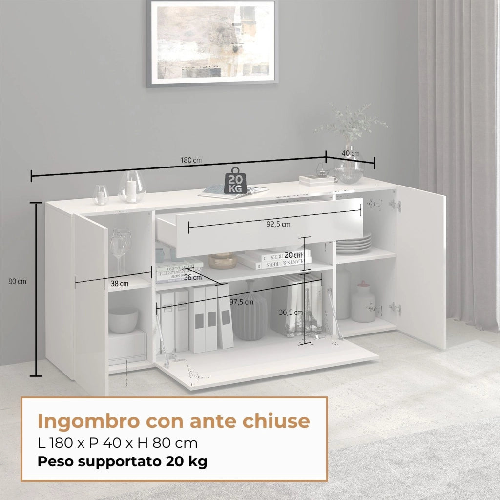 WHOUS Credenza Potenza con 2 ante 1 ribalta e 1 cassetto bianco lucido 180x40x80 cm