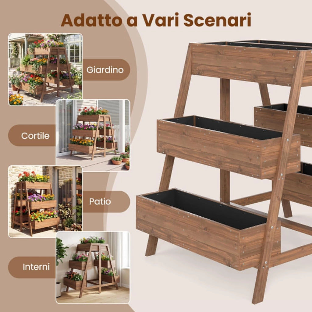 Orto Rialzato a 3 Livelli, Fioriere Rialzate in Legno Massello con Base Doghe e Tessuto, Aiuola Verticale per Piante da Interno ed Esterno per Giardino, Patio e Balcone, 126 x 90 x 115 cm