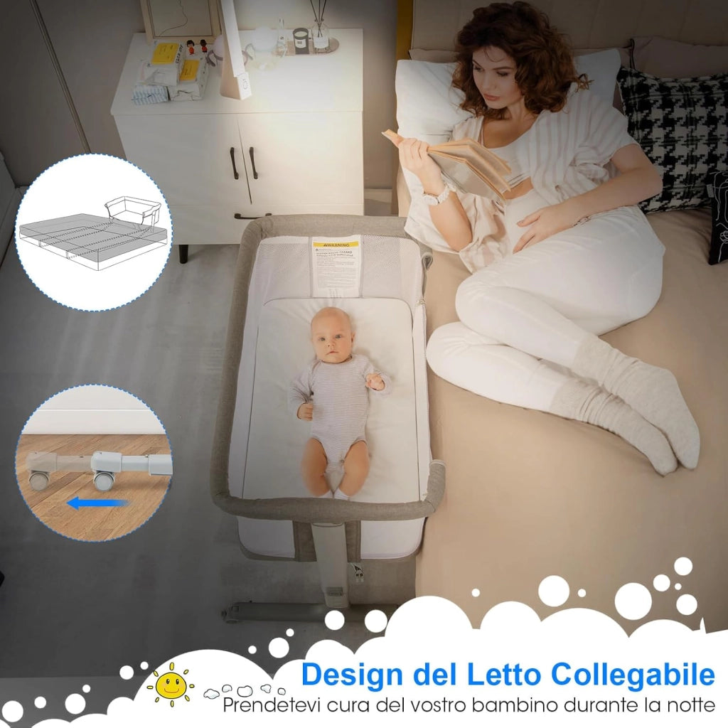 3 in 1 Culla Neonato Fianco Letto, Lettino Neonato Dondolo con Materasso, Culla Co-Sleeping Fino a 9 kg, Altezza Regolabili, 84 x 59,5 x 80,5cm (Grigio)