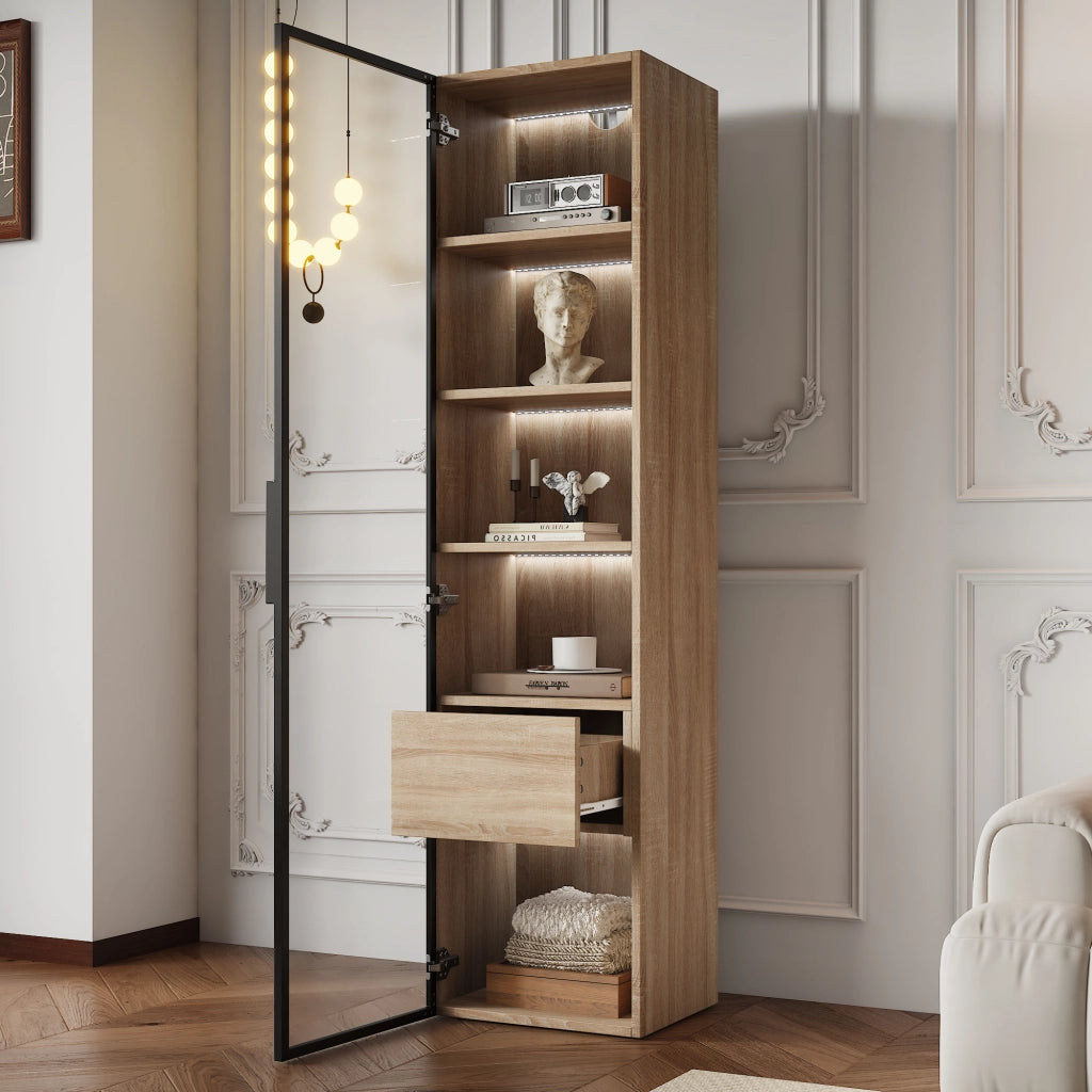 Armadietto da bagno compatto con vani aperti e anta in vetro temperato, per bagno e soggiorno, in MDF, naturale