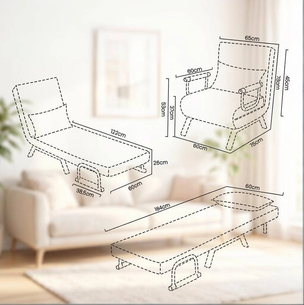 Poltrona letto pieghevole 3 in 1 beige con schienale regolabile