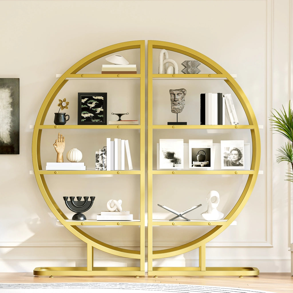 Libreria ad arco 120×30×130 cm, 2 pezzi, struttura in metallo oro con ripiani MDF bianchi, scaffale modulare