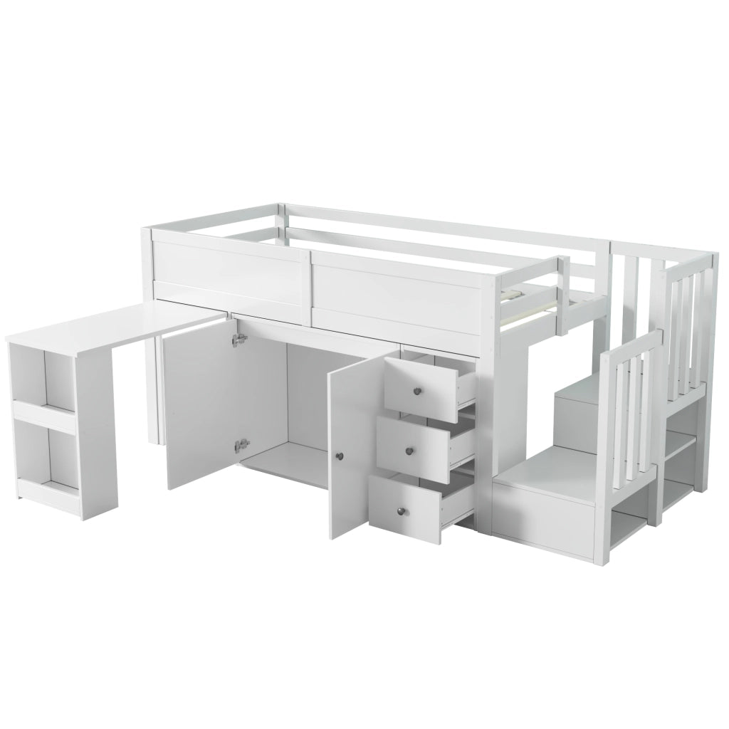 Letto a Soppalco 90x200 cm; Letto Singolo - Scrivania Estraibile; Armadio; Cassetti - MDF - Bianco