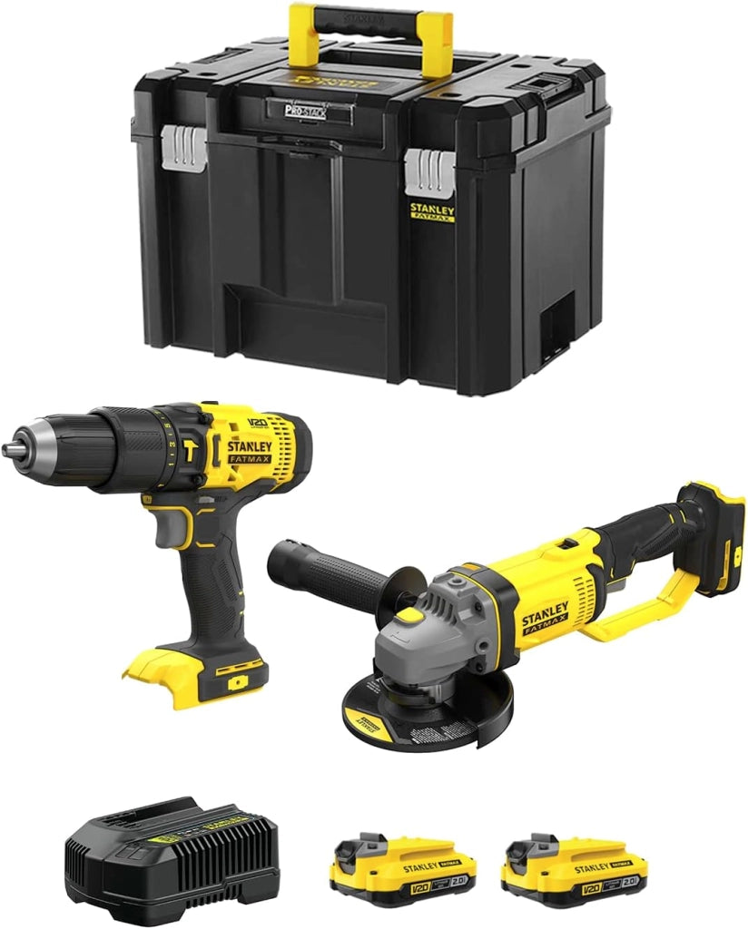 STANLEY FatMax Kit SVK212 (Trapano a Percussione SFMCD711 + Smerigliatrice SFMCG400 + 2 Batterie 2,0 Ah + Caricabatteria + TSTAK VI)