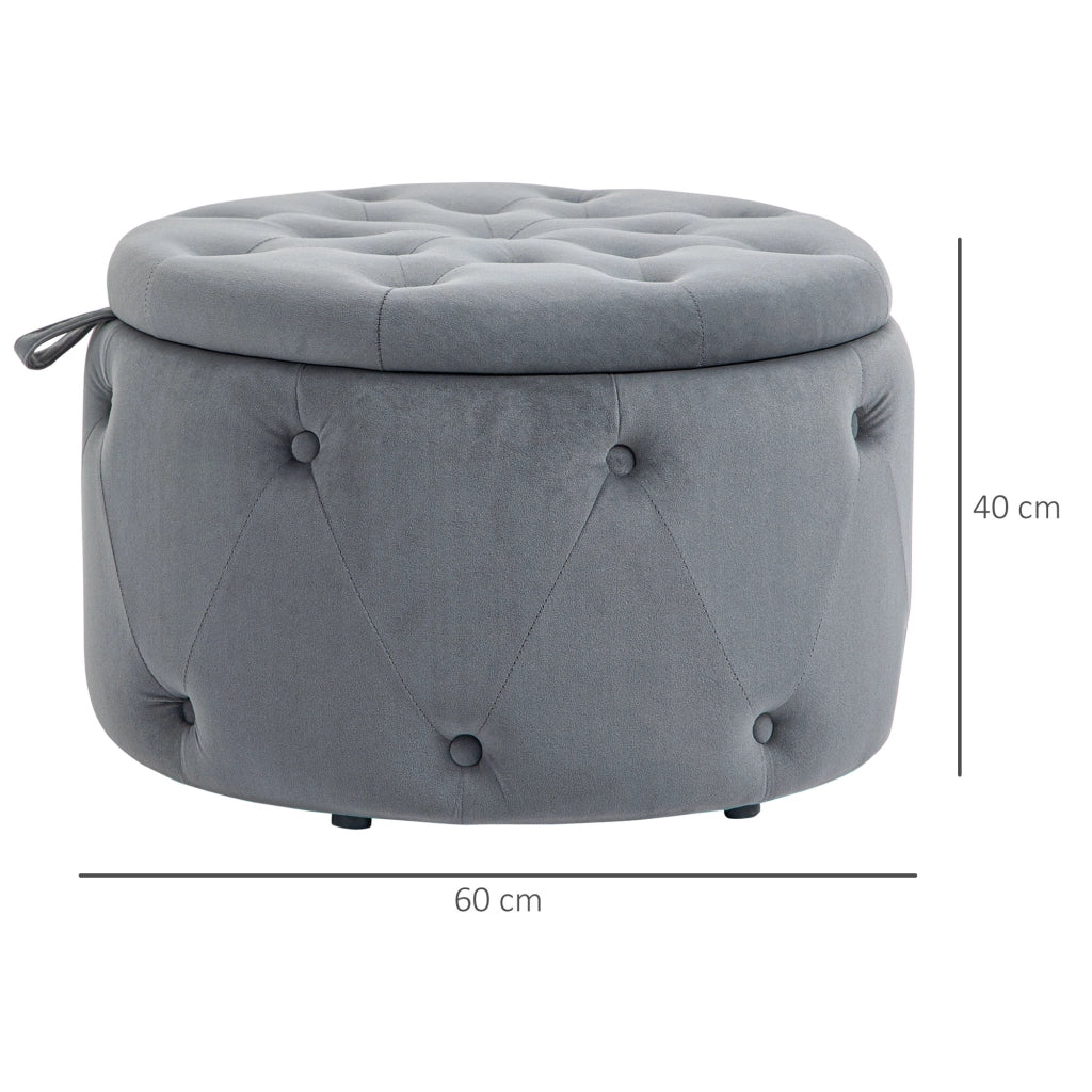 Pouf contenitore rotondo con coperchio e seduta imbottita in poliestere grigio per soggiorno e camera Ø60 × 40 cm