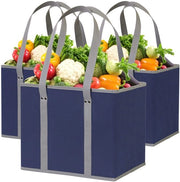 Set di sacchetti riutilizzabili (3 pezzi) – Sacchetti riutilizzabili robusti con forma di scatola che rimane in piedi, si apre e si può piegare – Grande borsa con maniglie pieghevoli lunghe e fondo rigido (blu scuro)