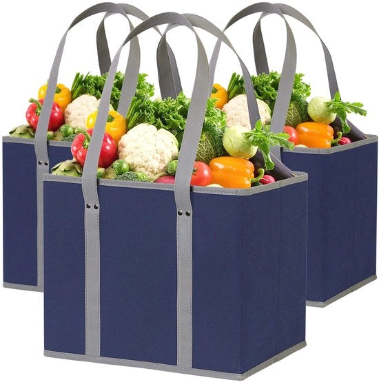 Set di sacchetti riutilizzabili (3 pezzi) – Sacchetti riutilizzabili robusti con forma di scatola che rimane in piedi, si apre e si può piegare – Grande borsa con maniglie pieghevoli lunghe e fondo rigido (blu scuro)