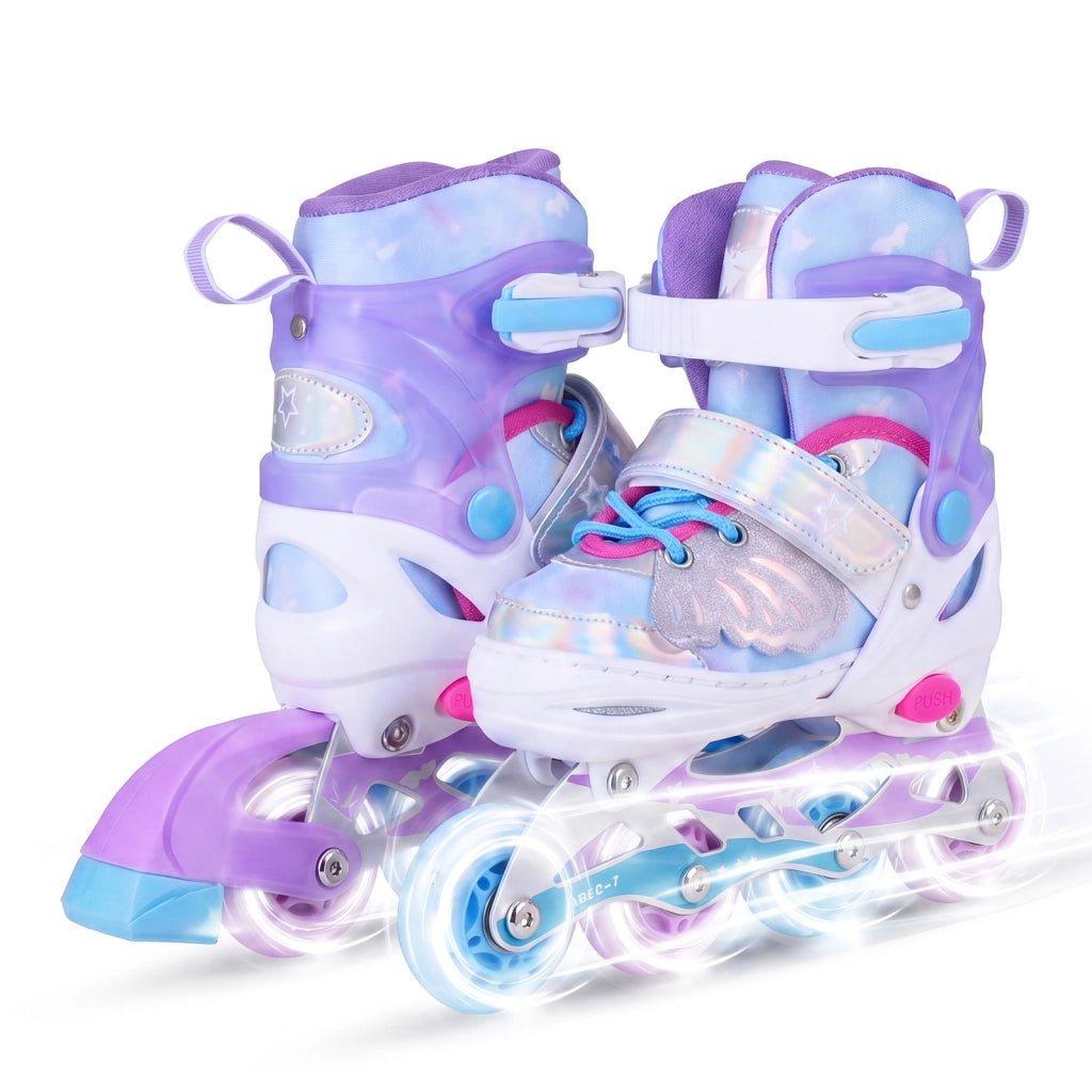 Pattini in linea per bambini con ruote luminose, Pattino a rotella per principiante misura regolabile professionale sport Blu S