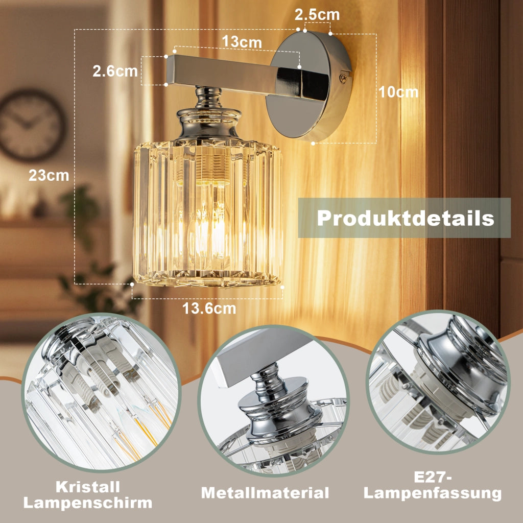 ZMH Lampada da Parete Moderna in Cristallo E27 da Interno per Comodino Corridoio Scala Camera da Letto Senza Lampadina