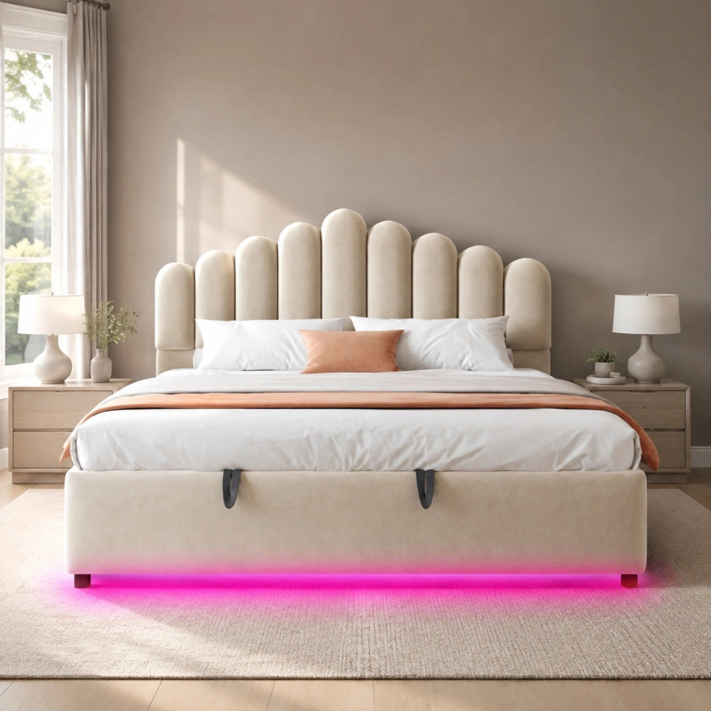 Letto imbottito beige 180 x 200 cm con vano contenitore e illuminazione LED
