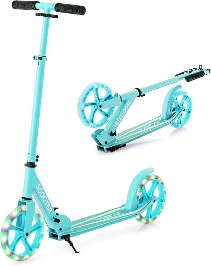 Monopattino Pieghevole con Altezza Regolabile, 2 Ruote Luminose con Freno, Manubrio Regolabile, Pedana Antiscivolo, Tracolla e Cavalletto, Scooter Portata 100kg, 10+ Anni