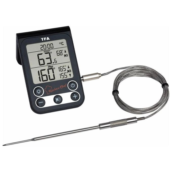 TFA 14.1512.01 Termometro Digitale per Cucina con Sonda in Acciaio Inox Allarme Temperatura e Orologio colore Nero