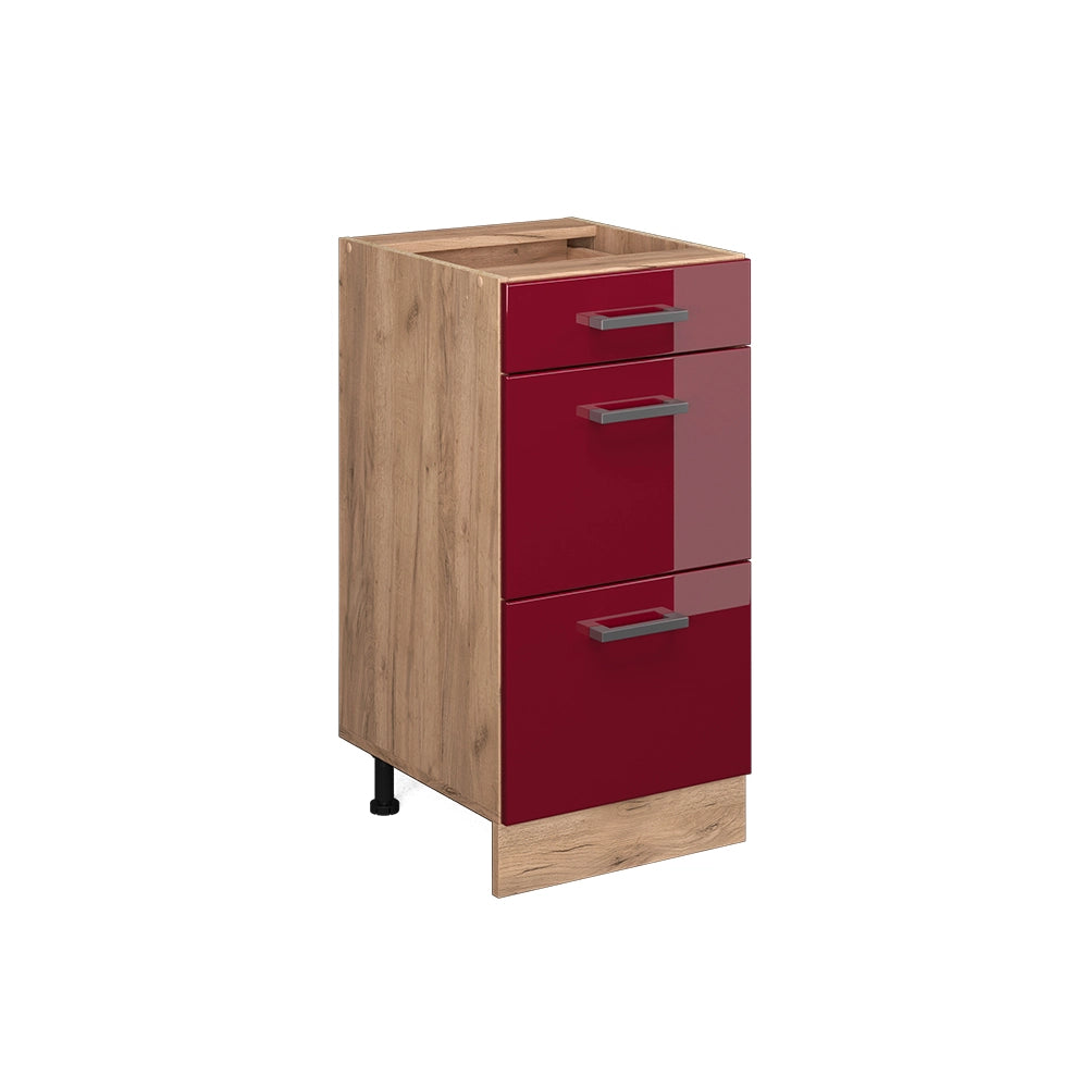 Mobiletto base per cucina R-Line Rosso lucido/Rovere dorato 40 cm con cassetti, senza piano di lavoro Vicco