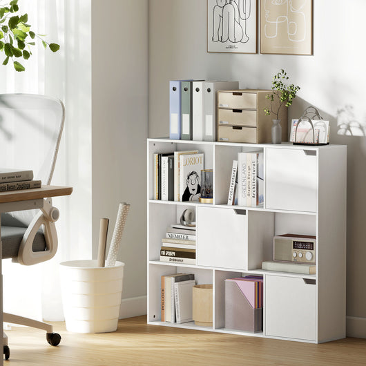 Libreria a Cubi con 6 Sezioni Aperte e 3 Chiuse 106x24x95 cm in Legno Bianco