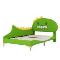Letto Imbottito per Bambini 4+ Anni a Forma di Dinosauro con Doghe in Legno, Rivestimento in Pelle PU, Senza Materasso, 90×200 cm, Verde