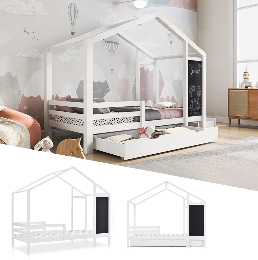 Letto a casetta per bambini 90x200 cm con lavagna e cassetti