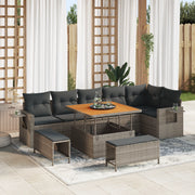 Set divano da giardino 9 pezzi con cuscini grigio polirattan acacia