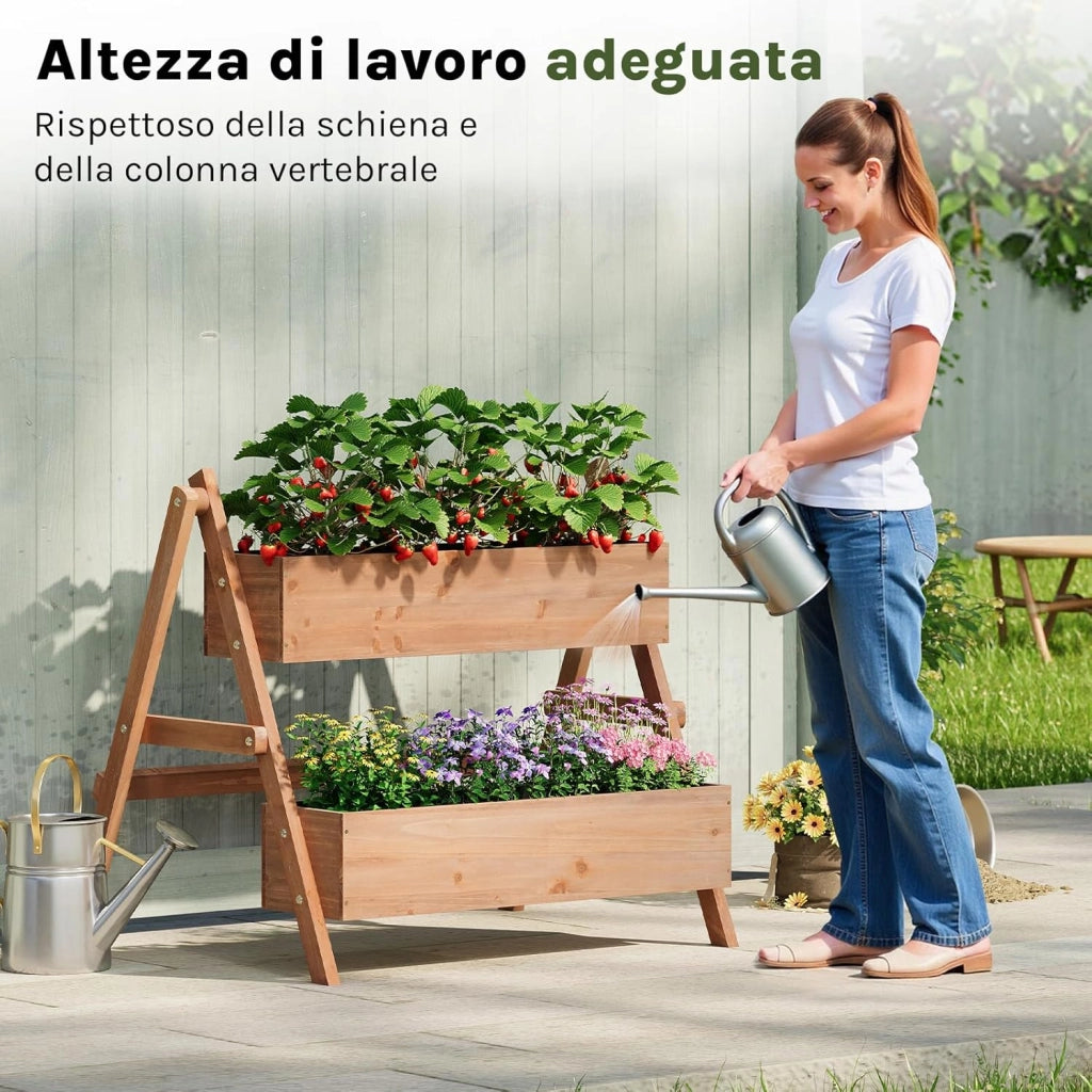 Fioriera Rialzata con Scaffale a Gradini 2 Livelli, Vasi Integrati per Piante, Ideale per Interni/Esterni su Terrazzo, Balcone e Giardino, Legno 80x62x68 cm, Marrone