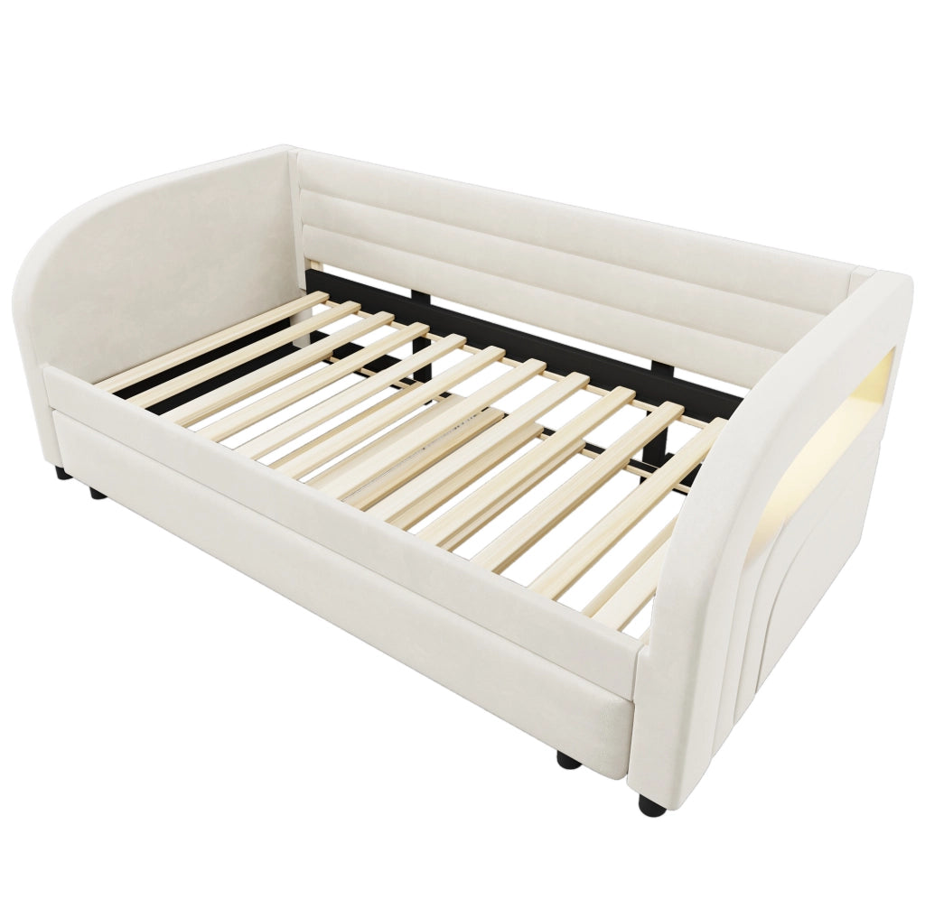 Letto imbottito ULEVR 90x200 cm con letto estraibile e illuminazione LED multicolore, beige