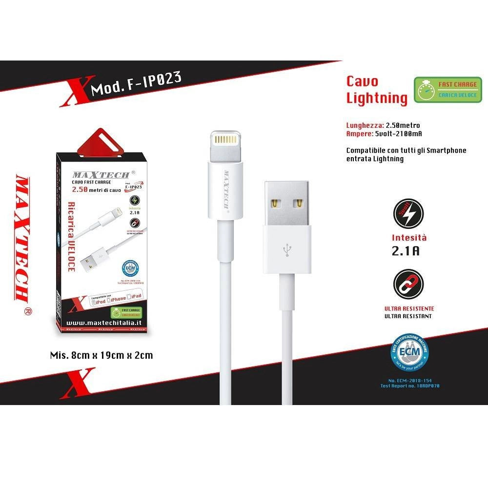Trade Shop - Cavo Usb Lightning Ricarica Alta Velocità Trasmissione Dati 2.5mt Maxtech F-ip023 -