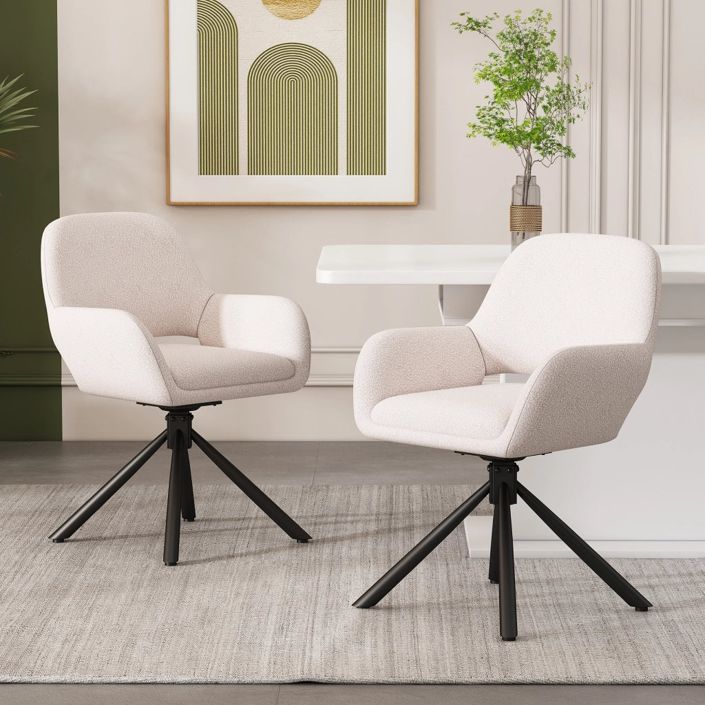 Sedia da sala da pranzo girevole 2 pezzi con braccioli in sherpa bianco e struttura in metallo moderna set