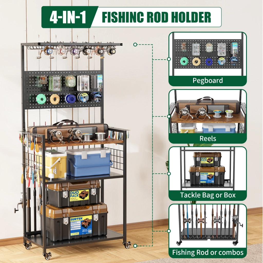 Carrello Portacanne da Pesca con Ruote ¨C MINIMAL ¨C Multilivello con Mensola Sospesa