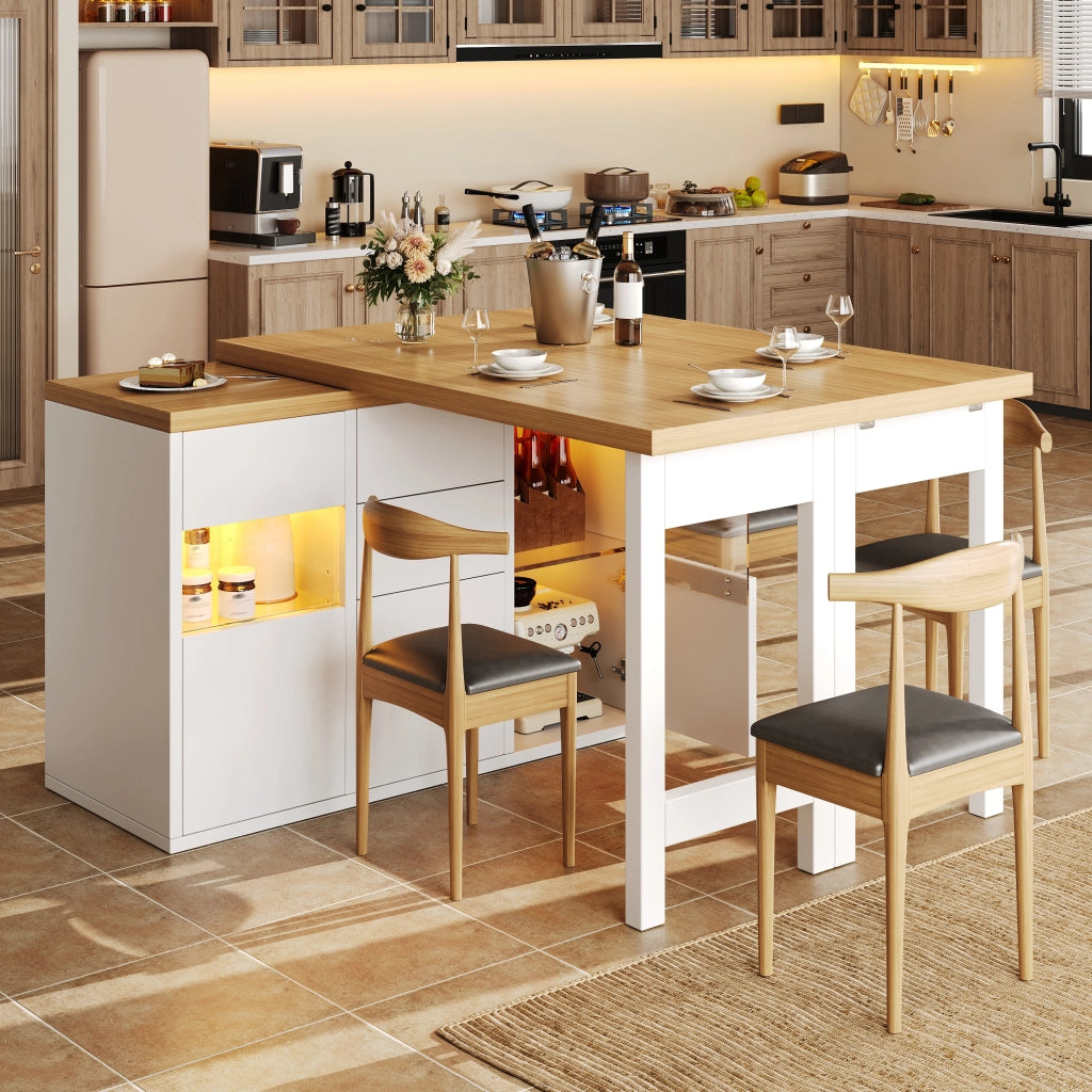 Credenza da cucina girevole a 360°; con 4 cassetti e porte in vetro; LED; per cucina e sala da pranzo