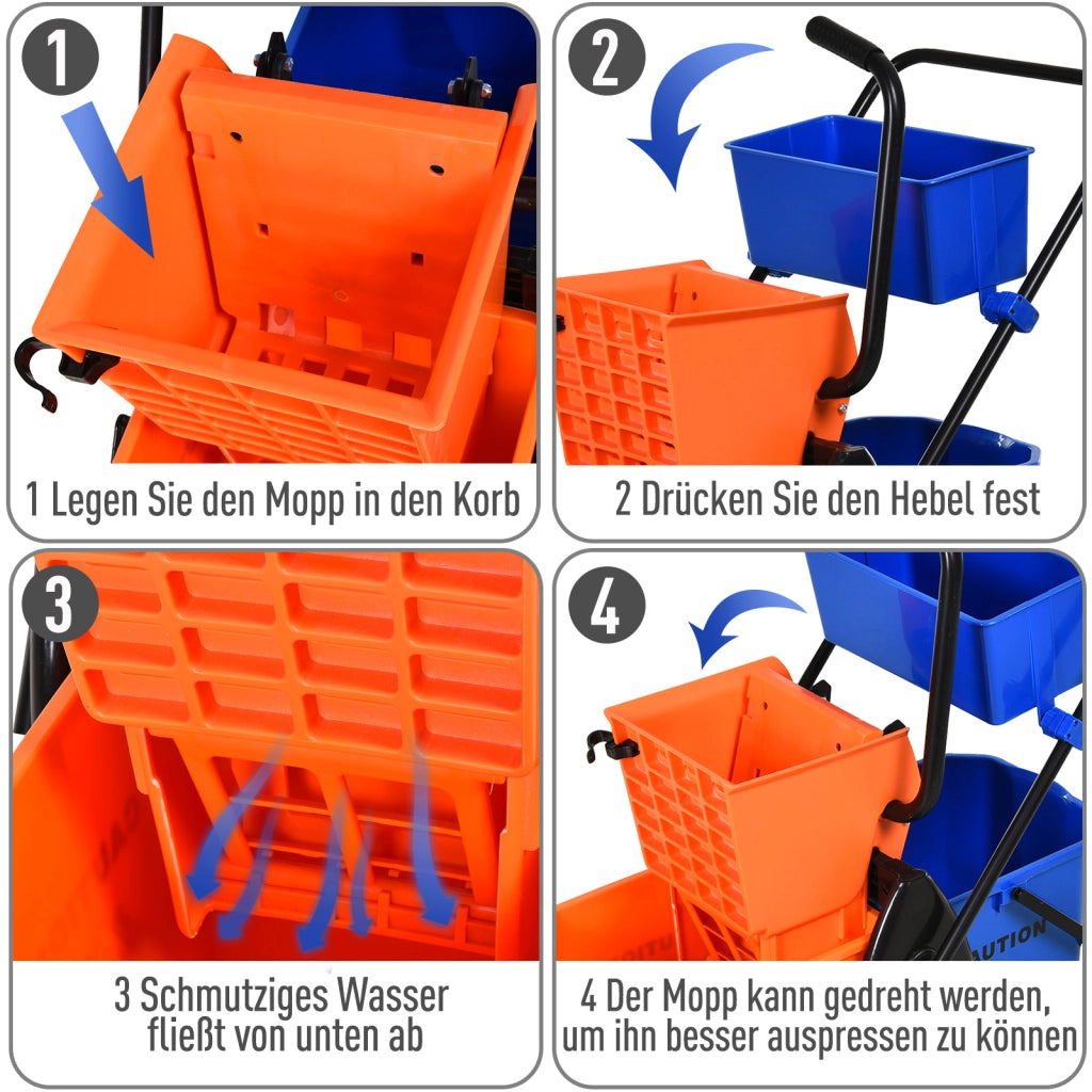 Carrello per la pulizia Carrello professionale per la pulizia con pressa a ganasce 2 secchi + contenitore Arancione Blu