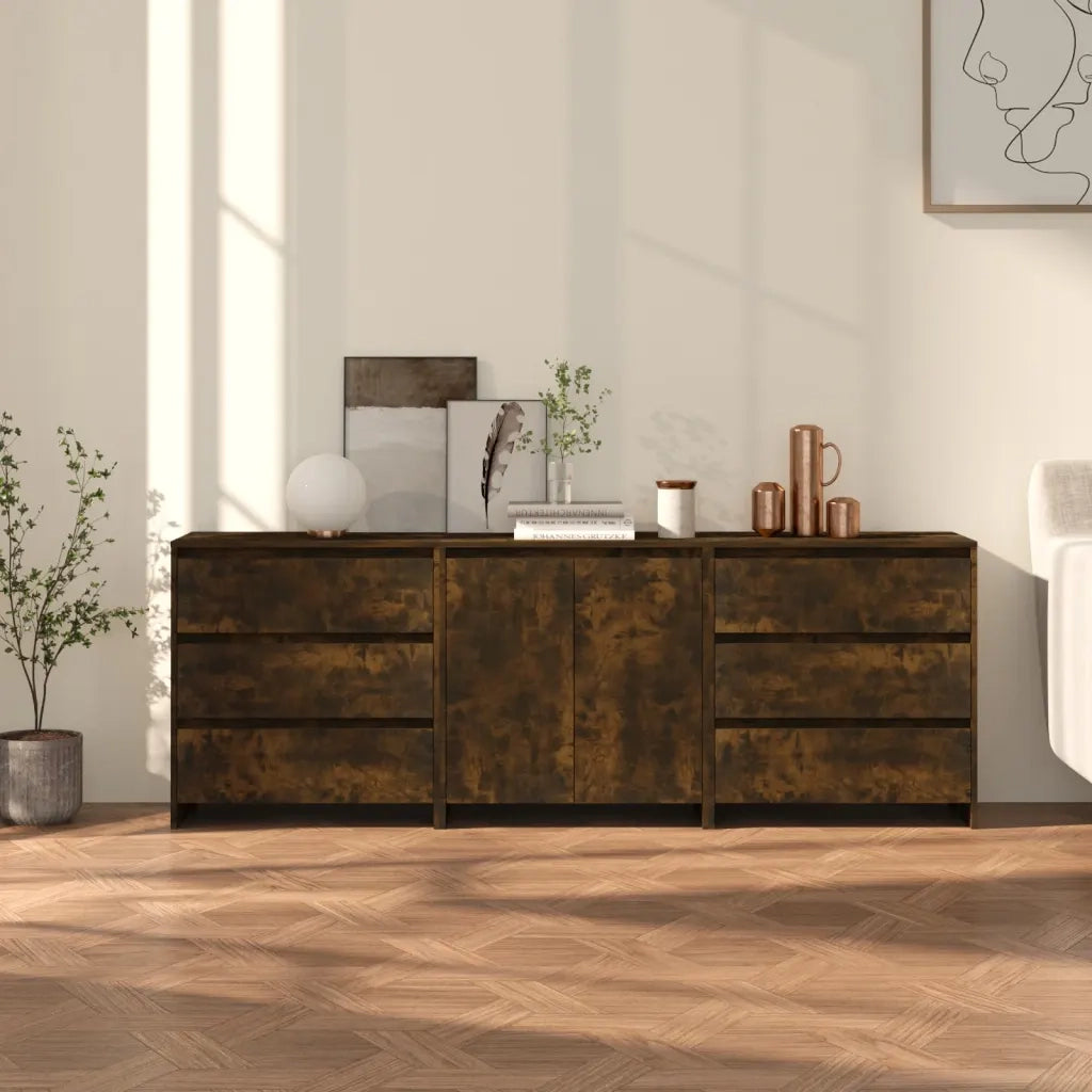 Credenze 3 pz Rovere Fumo in Legno Multistrato 3098070