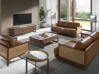 Tavolino rotondo in marmo porcellanato, noce e acciaio metallizzato scuro