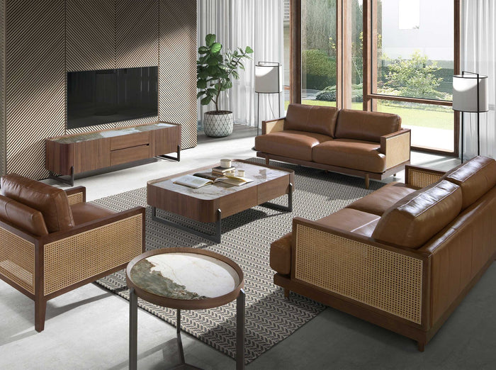 Tavolino rotondo in marmo porcellanato, noce e acciaio metallizzato scuro