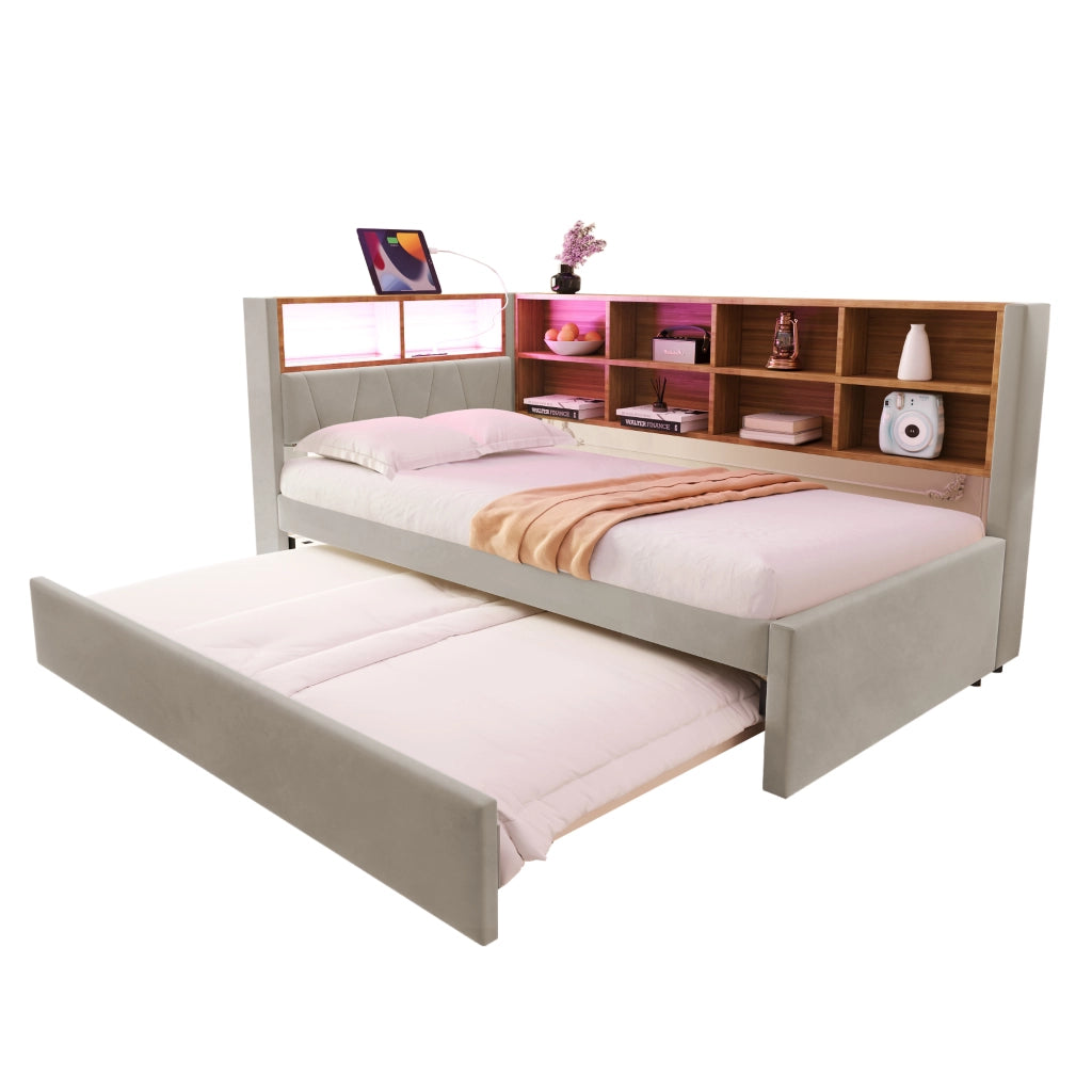 Divano letto multifunzionale 90x200 cm con letto estraibile 90x190 cm, luci LED, prese multimediali, vani contenitore, flanella, grigio chiaro
