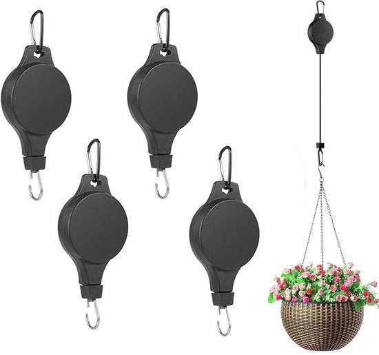 Set da 4 appendi piante con catena retrattile, appendi piante da appendere con manubrio e ruota, robusto chiodo per cesto di fiori per cesti di giardino (nero)