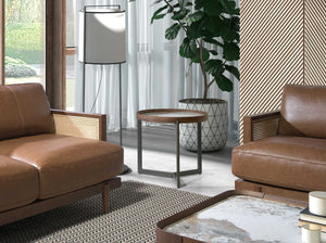 Tavolino rotondo in marmo porcellanato, noce e acciaio metallizzato scuro