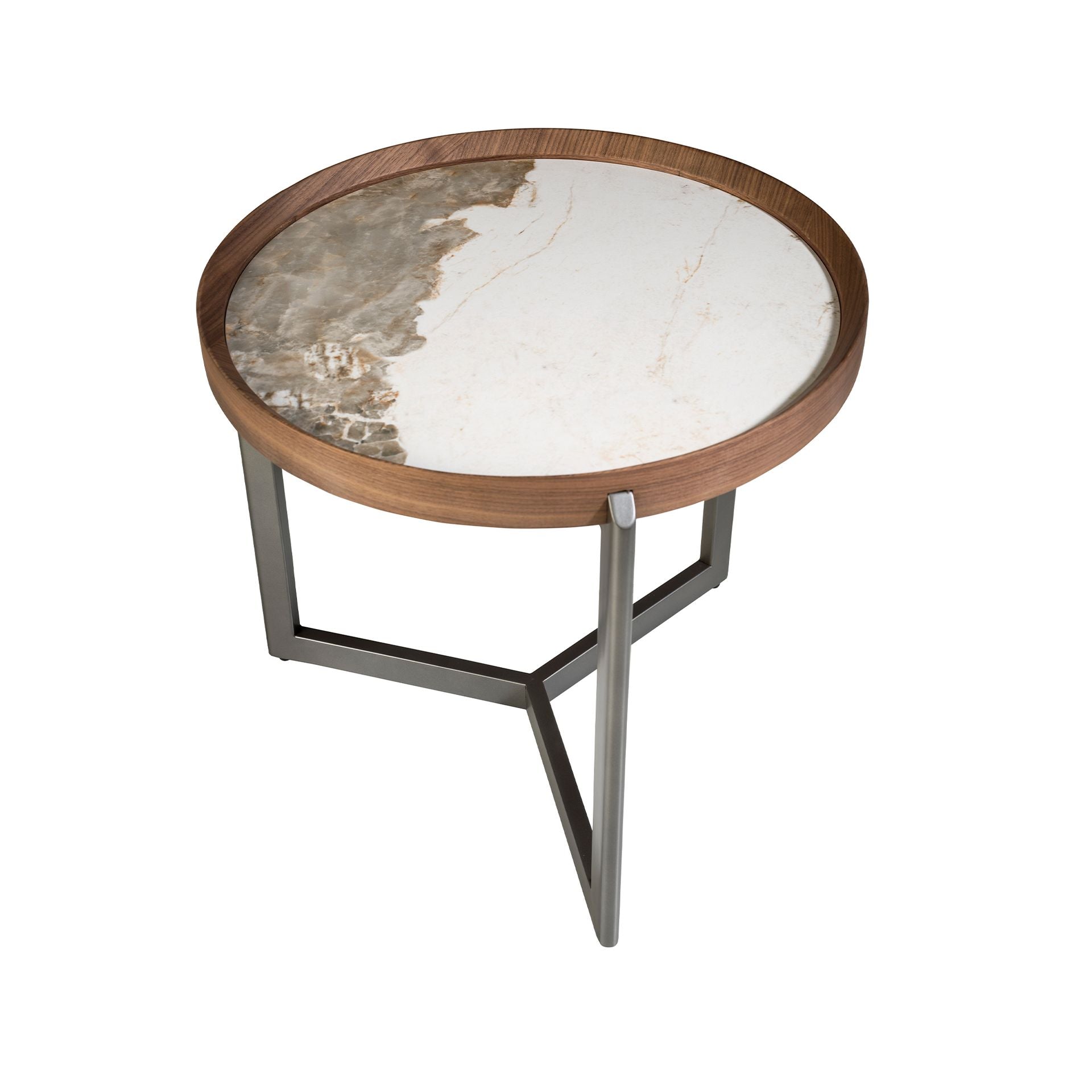 Tavolino rotondo in marmo porcellanato, noce e acciaio metallizzato scuro