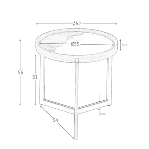 Tavolino rotondo in marmo porcellanato, noce e acciaio metallizzato scuro